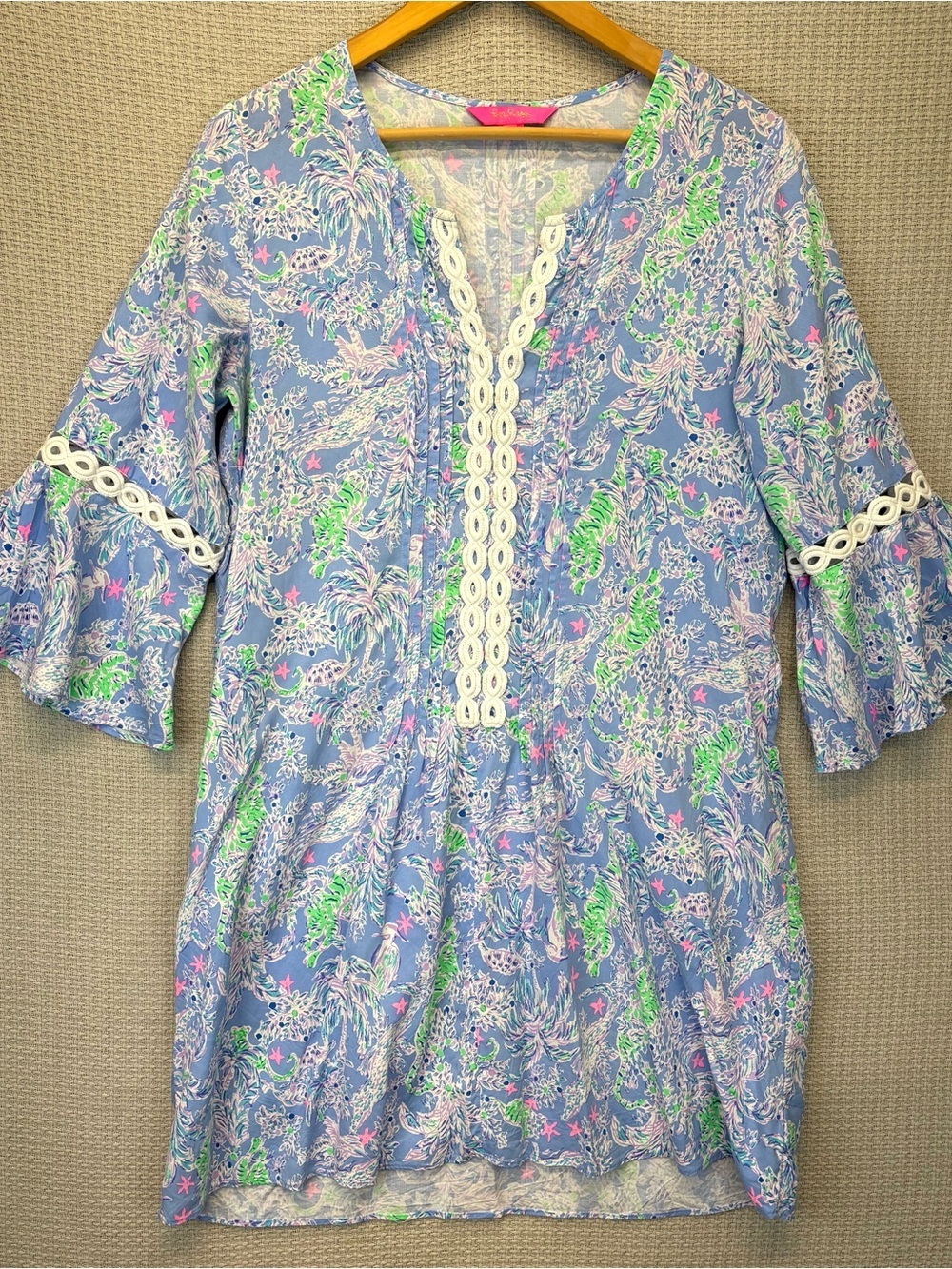 Lilly Pulitzer Hollie Tunic Women's Mini Dress Large Tropical Blue Beach Boho